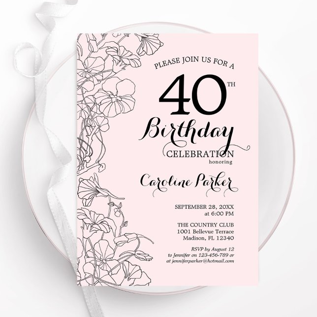 Invitación Fiesta de cumpleaños 40 de Rubor Pink Floral (Subido por el creador)