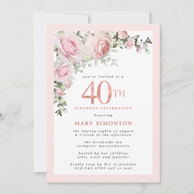 Invitación Fiesta de cumpleaños 40 de Rubor Rosa Floral rosa (Anverso)