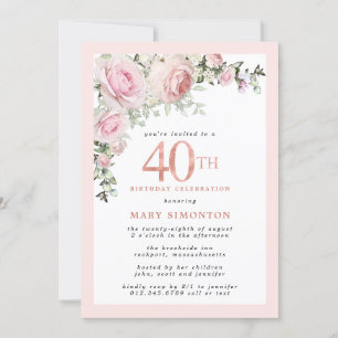 Invitación Fiesta de cumpleaños 40 de Rubor Rosa Floral rosa