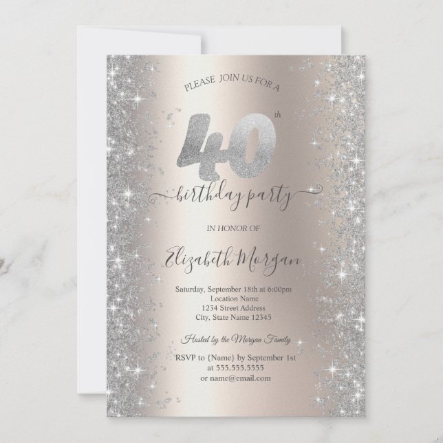 Invitación Fiesta de cumpleaños 40 de Silver Sparkle Diamonds (Anverso)