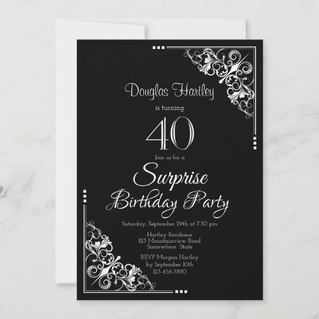 Invitación Fiesta de cumpleaños 40 de sorpresa negra y blanca (Anverso)