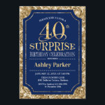 Invitación Fiesta de cumpleaños 40 de Surprise<br><div class="desc">Sorpresa 40.ª Invitación a la celebración de cumpleaños. Elegante diseño elegante en tonos azul marino y purpurina. Presenta una fuente de script elegante. Mándame un mensaje si necesitas más personalización.</div>