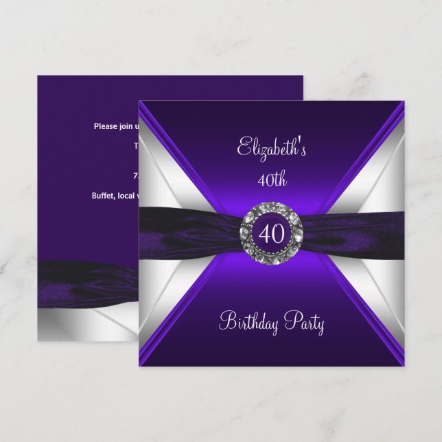 Invitación Fiesta de cumpleaños 40 diamante blanco plateado p (Anverso / Reverso)