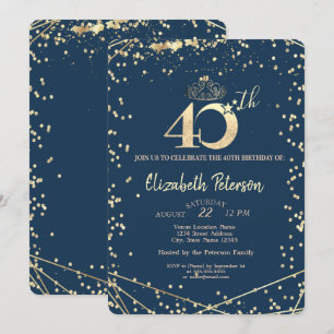 Invitación Fiesta de cumpleaños 40 Diamantes Azul Marino Oro