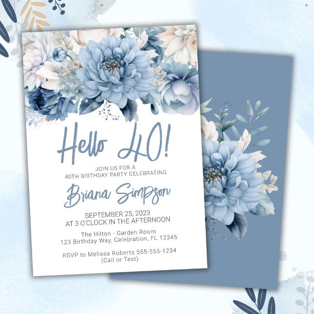 Invitación Fiesta de cumpleaños 40 Dusty Blue Floral (Subido por el creador)