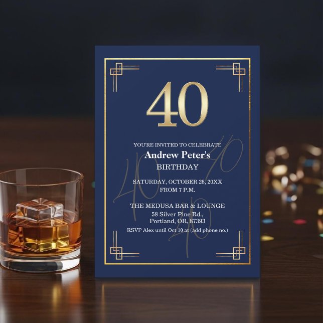 Invitación Fiesta de cumpleaños 40 elegante azul oro (Subido por el creador)