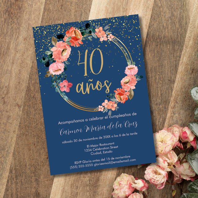 Invitación Fiesta de Cumpleaños 40 Elegante Floral de Lujo Es (Subido por el creador)