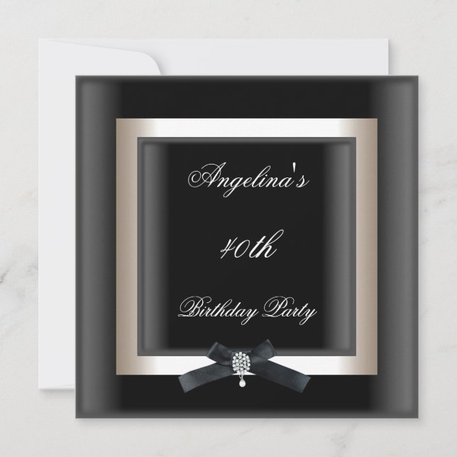 Invitación Fiesta de cumpleaños 40 Elegante Negro Blanco Joya (Anverso)