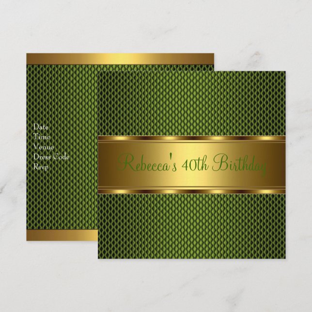 Invitación Fiesta de Cumpleaños 40 Elegante Verde Dorado (Anverso / Reverso)