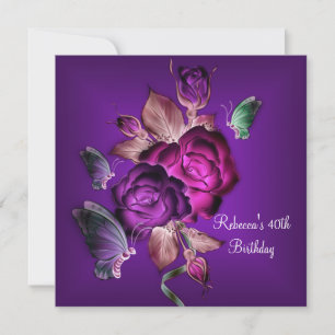 Invitación Fiesta de Cumpleaños 40 Elegantes Rosas Purpura Ro