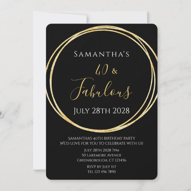 Invitación Fiesta de cumpleaños 40 en negro y oro (Anverso)