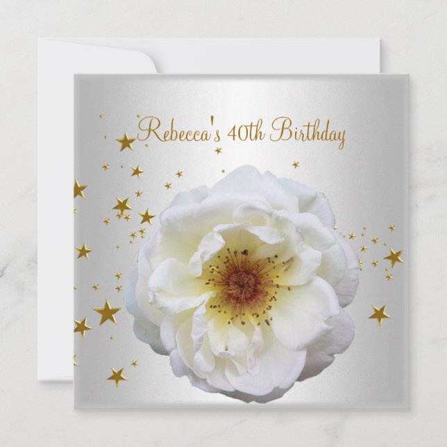 Invitación Fiesta de cumpleaños 40  Flor blanca amarilla eleg (Anverso)