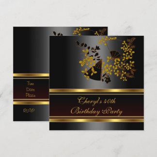 Invitación Fiesta de cumpleaños 40 Floral patrón negro oro