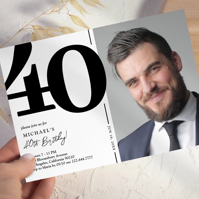 Invitación Fiesta de cumpleaños 40 foto blanca negra (Subido por el creador)
