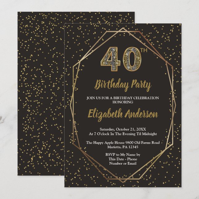 Invitación Fiesta de cumpleaños 40 Glam Black Gold (Anverso / Reverso)