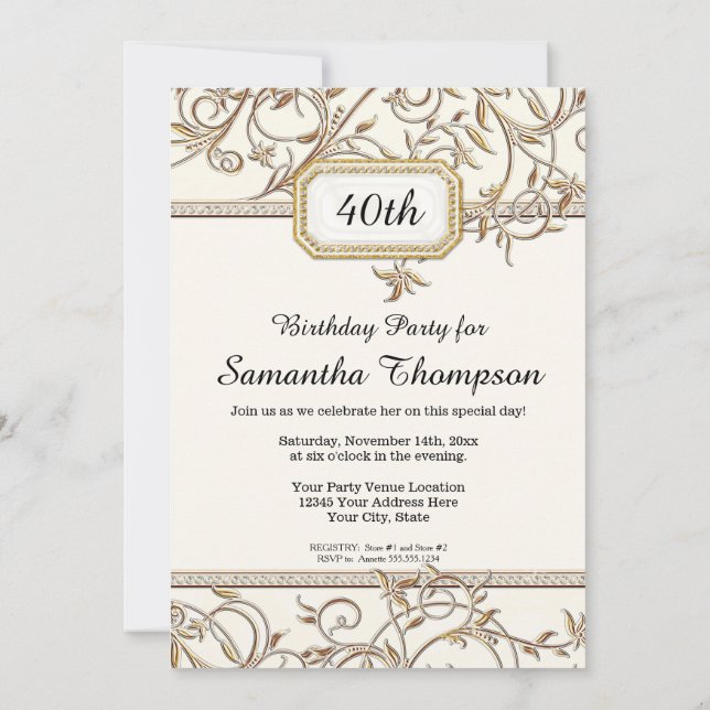 Invitación Fiesta de Cumpleaños 40 Glam Old Hollywood Regency (Reverso)