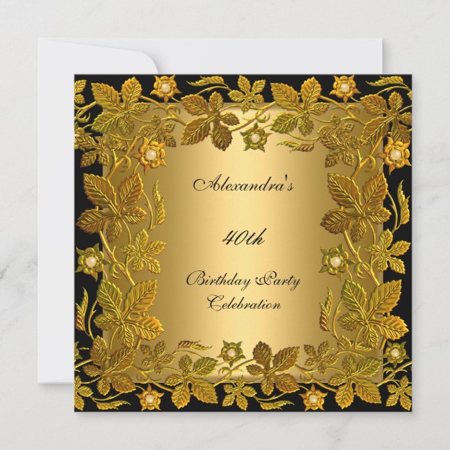 Invitación Fiesta de cumpleaños 40 Gold Black Floral (Anverso)