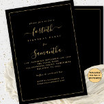 Invitación Fiesta de cumpleaños 40 Gold Script Border Black<br><div class="desc">Elegante borde de guión dorado 40 cumpleaños Fiesta negro. Disponible digitalmente o impreso. Un minimalista diseño de texto moderno para su 40º en oro clásico sobre negro, que es totalmente personalizable, con un borde de una sola línea. Cambie las palabras según sea necesario y también puede cambiar los colores del...</div>