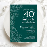 Invitación Fiesta de cumpleaños 40 Green Floral Surprise<br><div class="desc">Invitación a la fiesta de cumpleaños 40 de la verde azulada sorpresa verde. Diseño moderno minimalista con acentos botánicos y tipo de letra de escritura tipográfica. Sencilla tarjeta de invitación floral perfecta para una elegante celebración de cumpleaños sorpresa femenina. Se puede personalizar a cualquier edad. Invitaciones Zazzle impresas o plantilla...</div>
