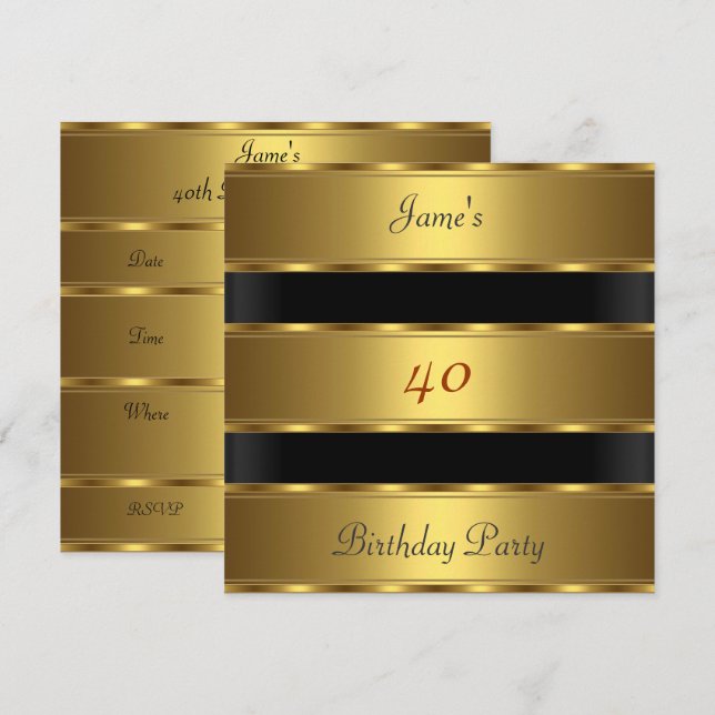 Invitación Fiesta de cumpleaños 40 hombres Dorado Negro (Anverso / Reverso)