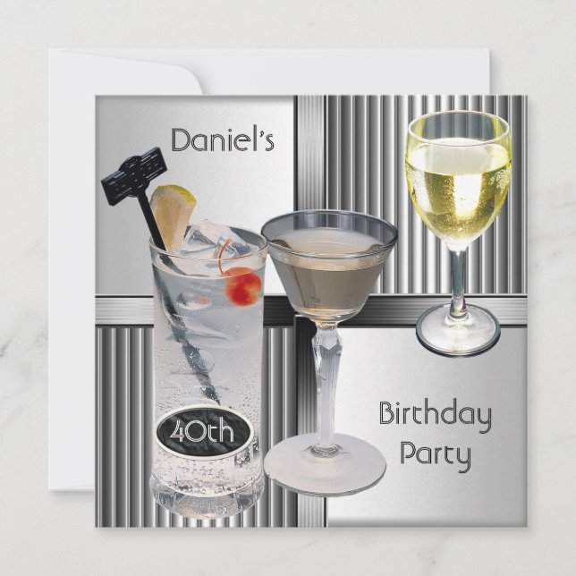 Invitación Fiesta de cumpleaños 40 Mens Drinks Metal Negro Pl (Anverso)