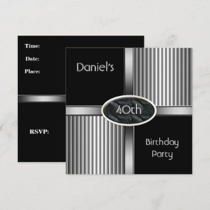 Invitación Fiesta de cumpleaños 40 Mens Metal Negro Blanco Pl
