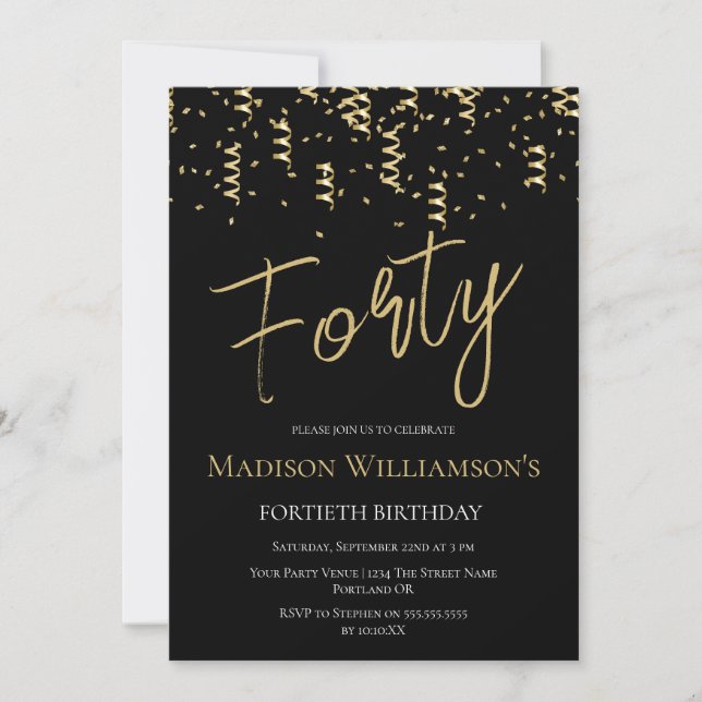 Invitación Fiesta de cumpleaños 40 mínimo negro y dorado 40 c (Anverso)