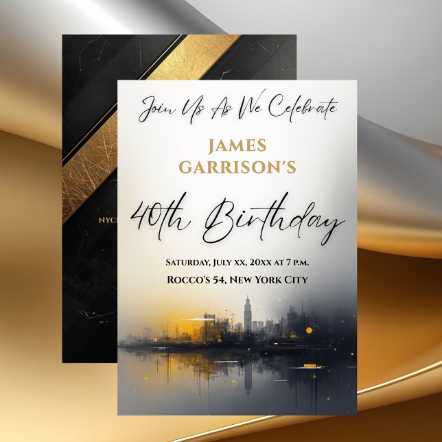 Invitación Fiesta de cumpleaños 40 moderno negro con oro (Modern 40th Birthday Party Black with Gold Invitation)