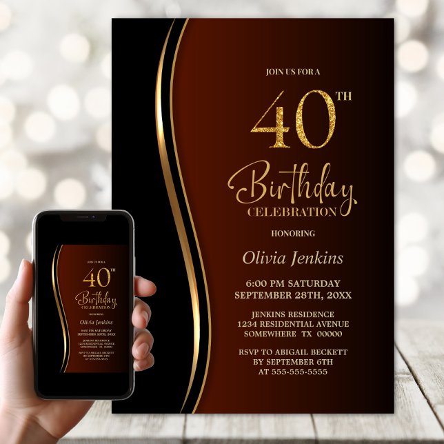 Invitación Fiesta de cumpleaños 40 Naranja quemado de oro neg (Subido por el creador)