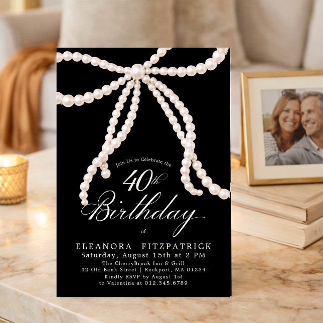 Invitación Fiesta de cumpleaños 40 negro blanco Coquette lazo (Subido por el creador)
