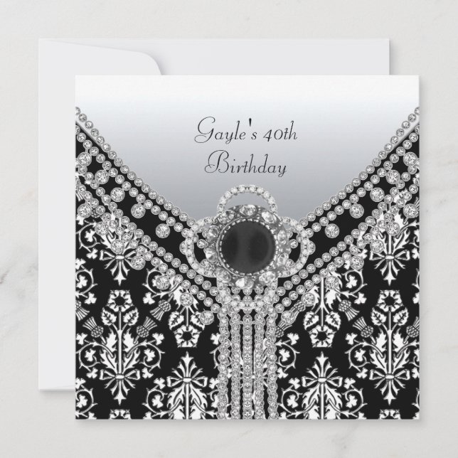 Invitación Fiesta de cumpleaños 40 negro blanco damasco diama (Anverso)