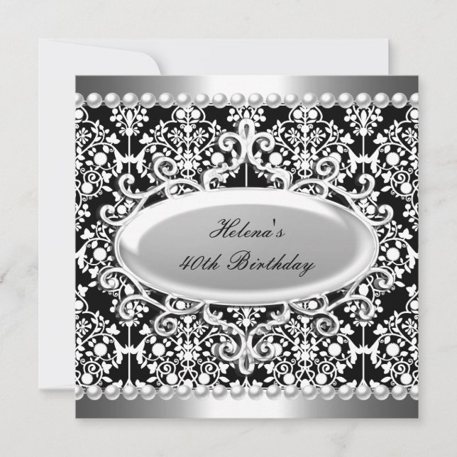 Invitación Fiesta de cumpleaños 40 negro blanco damasco flora (Anverso)
