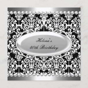 Invitación Fiesta de cumpleaños 40 negro blanco damasco flora