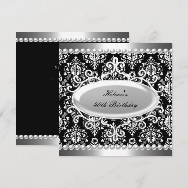 Invitación Fiesta de cumpleaños 40 negro blanco damasco perla (Anverso / Reverso)
