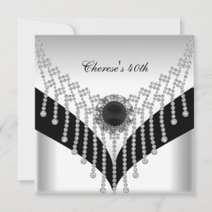 Invitación Fiesta de cumpleaños 40 negro blanco joya de diama