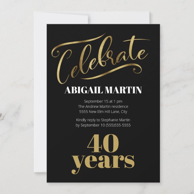 Invitación Fiesta de cumpleaños 40 negro oro blanco (Anverso)