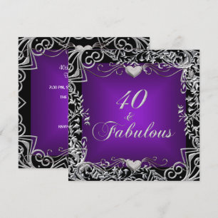 Invitación Fiesta de cumpleaños 40 negro plata púrpura intens