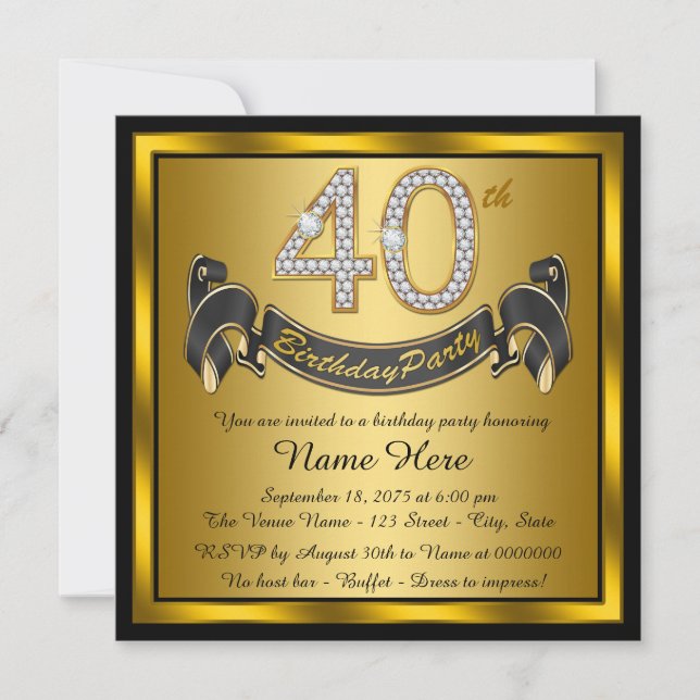 Invitación Fiesta de cumpleaños 40 negro y dorado (Anverso)