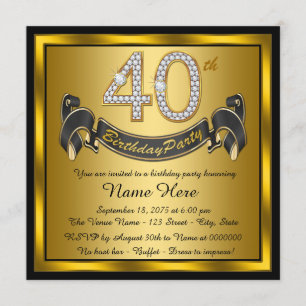 Invitación Fiesta de cumpleaños 40 negro y dorado