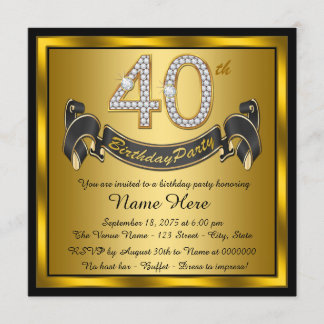 Invitación Fiesta de cumpleaños 40 negro y dorado