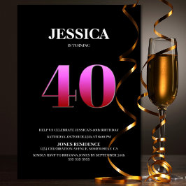 Invitación Fiesta de cumpleaños 40 negro y rosa minimalista