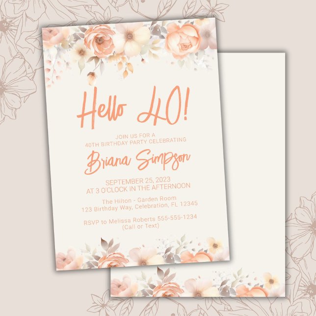Invitación Fiesta de cumpleaños 40 Peonía Beige Flores de Mar (Subido por el creador)