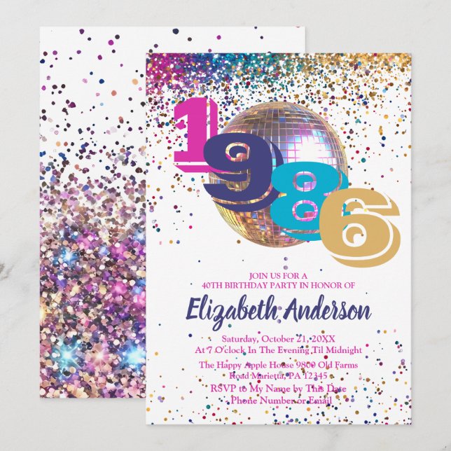 Invitación Fiesta de cumpleaños 40 personalizable Disco Color (Anverso / Reverso)