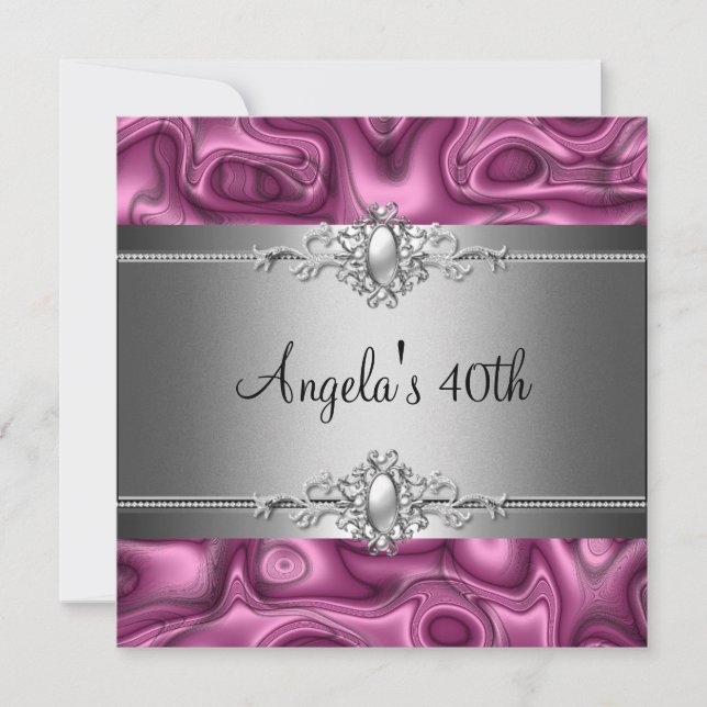 Invitación Fiesta de cumpleaños 40 Pink Silver Abstract (Anverso)