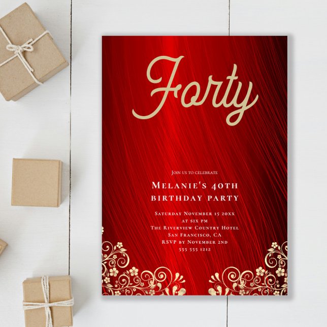 Invitación Fiesta de cumpleaños 40 Red Gold Swirl personaliza (Subido por el creador)