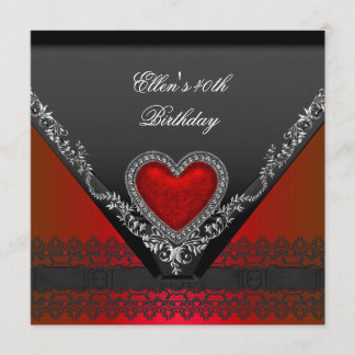 Invitación Fiesta de cumpleaños 40 Red Heart Jewel negro blan