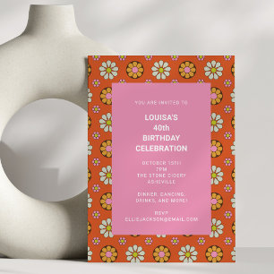 Invitación Fiesta de cumpleaños 40 Retro Floral Naranja Rosa