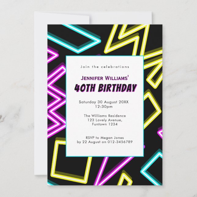Invitación Fiesta de cumpleaños 40 Retro Neon Negro (Anverso)