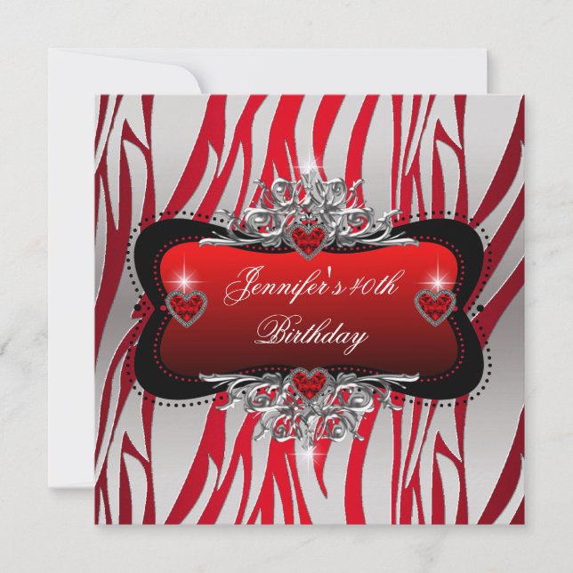 Invitación Fiesta de cumpleaños 40 Rojo Plata Cebra Negro (Anverso)