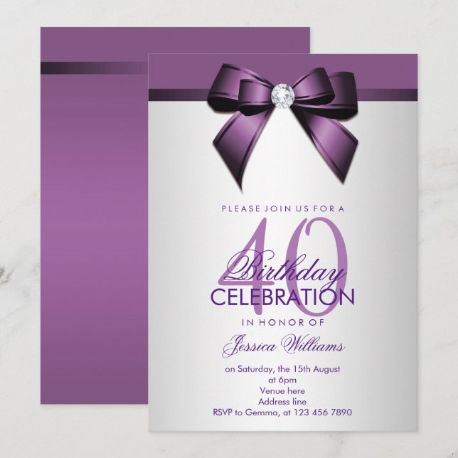Invitación Fiesta de cumpleaños 40 Romántica Violeta y Plata (Anverso / Reverso)